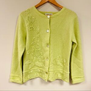 Coldwater Creek wool lime green embroidered cardigan.  Sz 8